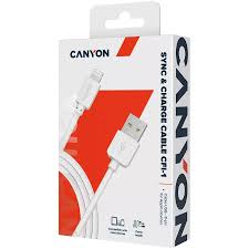 Packaging of Canyon Cables USB-CFI 1.5W 1m White USB cable, displaying the cable and the packaging with red and black design elements.