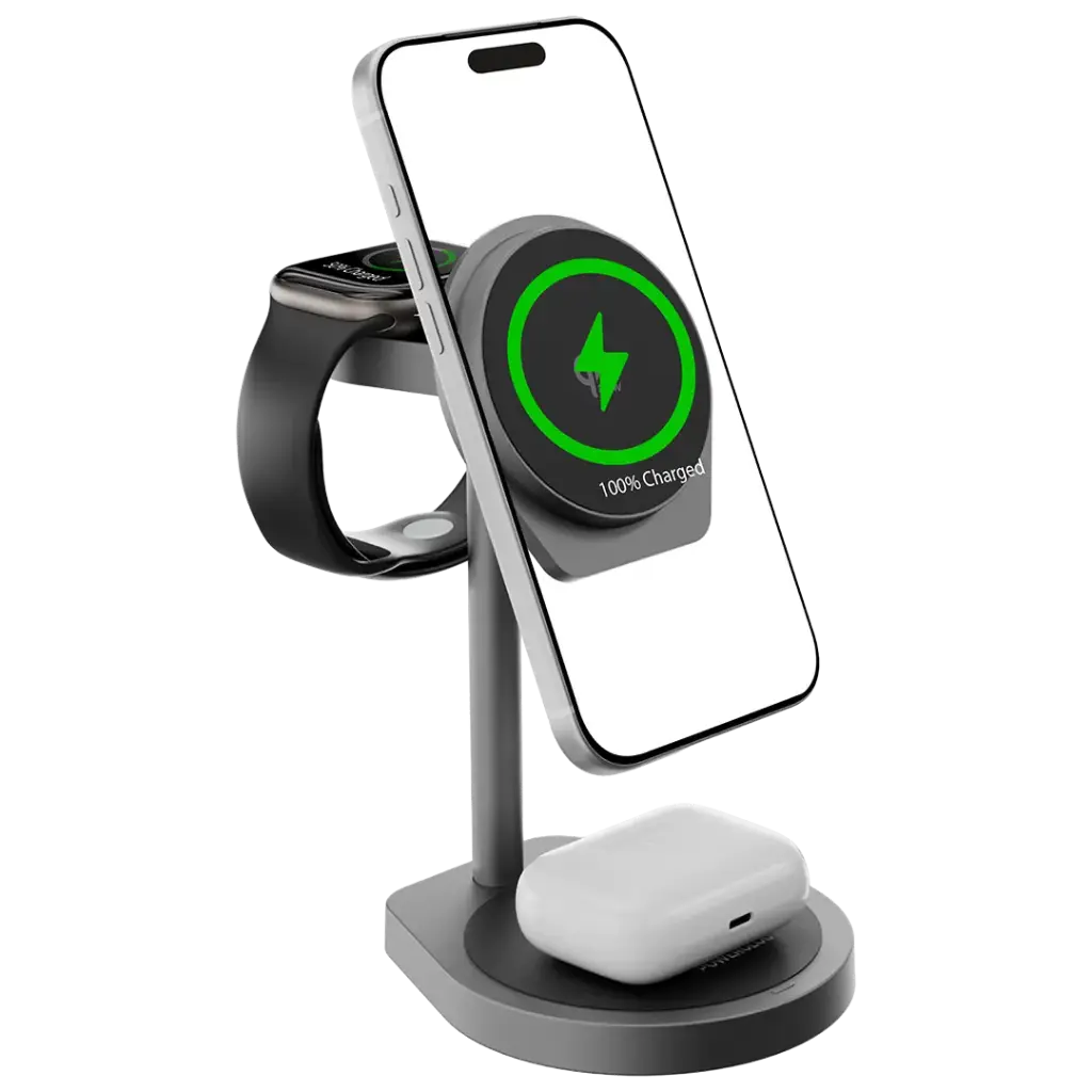 POWEROLOGY EIFEL QI2.2 25W 3 IN 1 ZINC ALLOY WIRELESS CHARGER - GREY