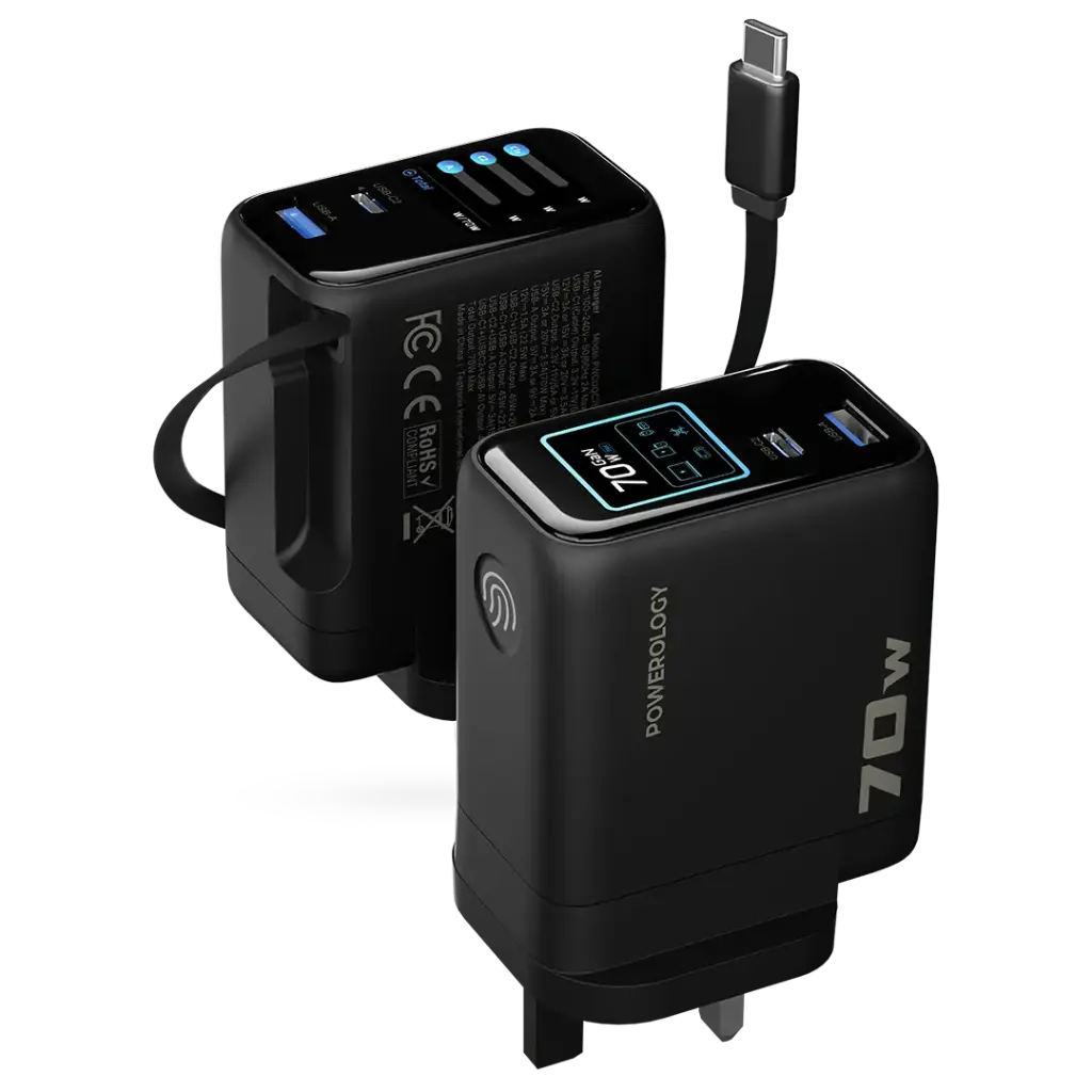 POWEROLOGY 70W TFT ADAPTOR WITH RETRACTABLE CABLE 1C & 1A - BLACK