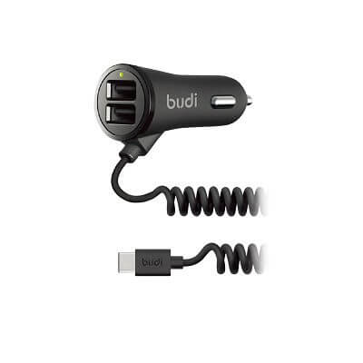 Budi Car Charger 2 USB Port With Coiled Type C Cable – M8J068T