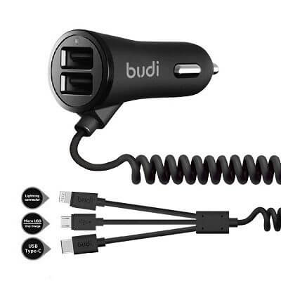 Budi Car Charger 2 USB Port With 3 In 1 Coiled Cable – M8J068T3