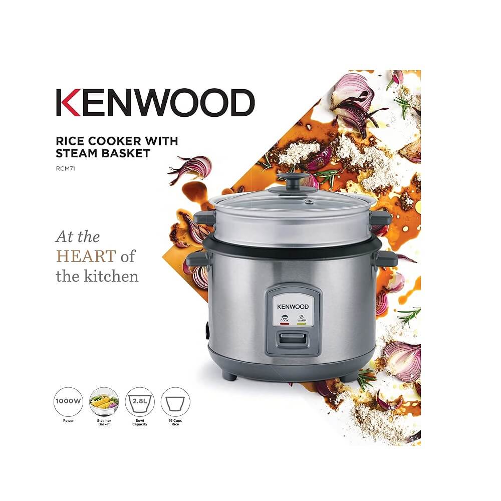 KENWOOD 2-in-1 Rice 16-Cups Rice with Food Steamer Basket, Non-Stick Cooking Pot Silver - Dreamworks Direct