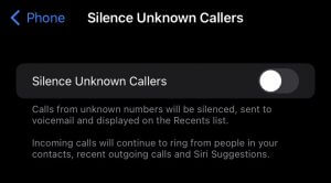Iphone Silence unknown callers feature