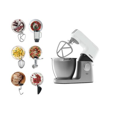 KENWOOD STAND MIXER KITCHEN MACHINE METAL BODY CHEF XL SENSE 1400W WITH 6.7L STAINLESS STEEL BOWL, K-BEATER, WHISK, DOUGH HOOK, FOLDING TOOL, MEAT GRINDER, FOOD PROCESSOR KVL6140T SILVER/WHITE
